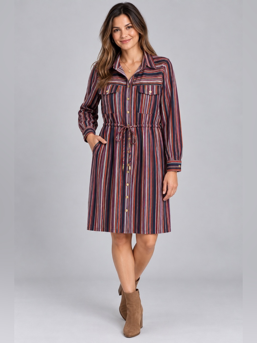 BeBop Striped Shirt Dress Medium Button Front Drawstring Waist Pockets